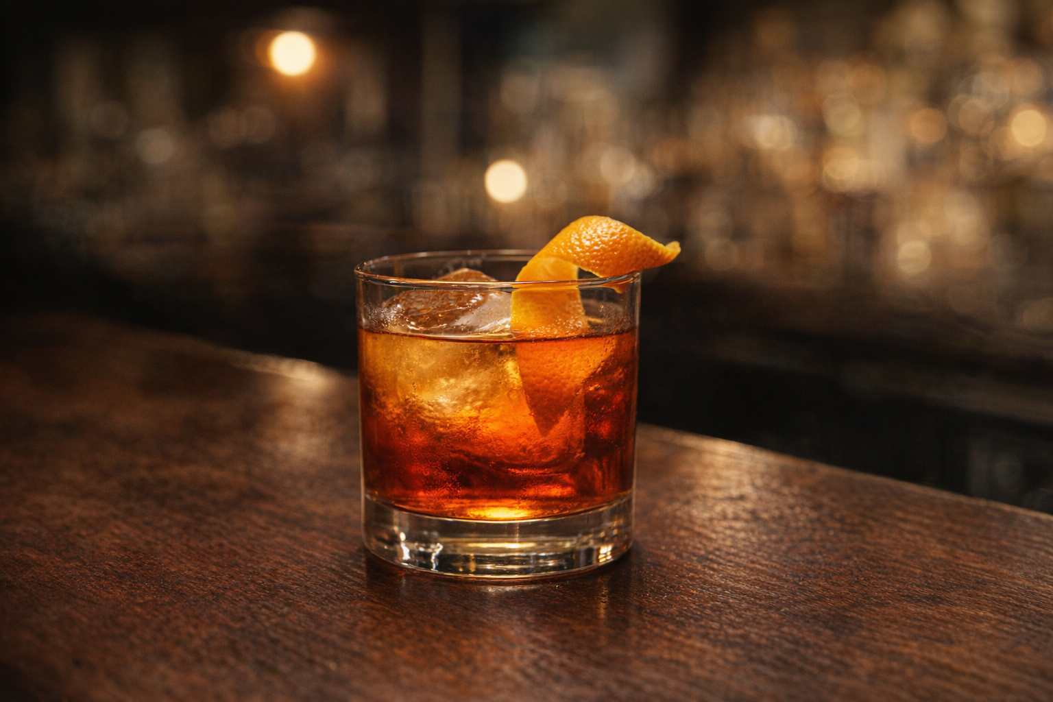 An eye-level shot of an Old Fashioned cocktail, garnished with an orange peel, sitting on a dark wooden bar with soft, ambient lighting